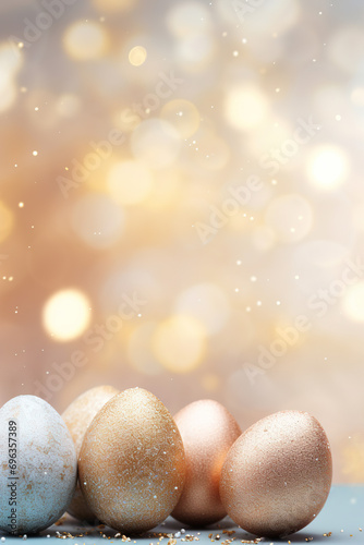 Enchanting Easter background with eggs, bokeh lights and copy space for text. Soft, pastel colors. Tranquil and joyful scene. Perfect for holiday-themed designs, greeting cards.