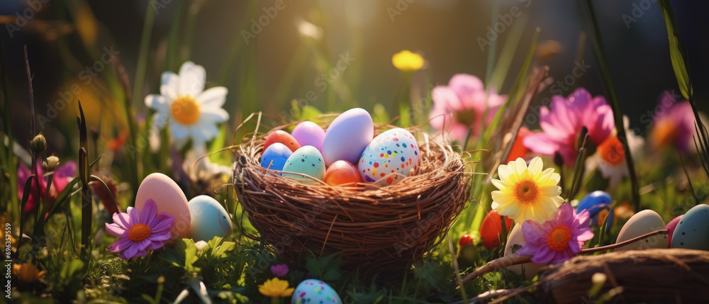 cesta de mimbre llena de huevos de pascua pintados de colores sobre campo con margaritas y huevos de pascua, con fondo desenfocado - obrazy, fototapety, plakaty 