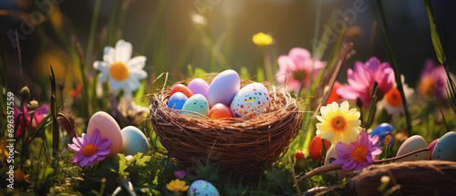 cesta de mimbre llena de huevos de pascua pintados de colores sobre campo con margaritas y huevos de pascua, con fondo desenfocado