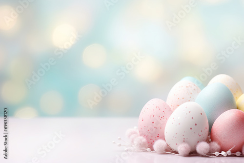Enchanting Easter background with eggs, bokeh lights and copy space for text. Soft, pastel colors. Tranquil and joyful scene. Perfect for holiday-themed designs, greeting cards.