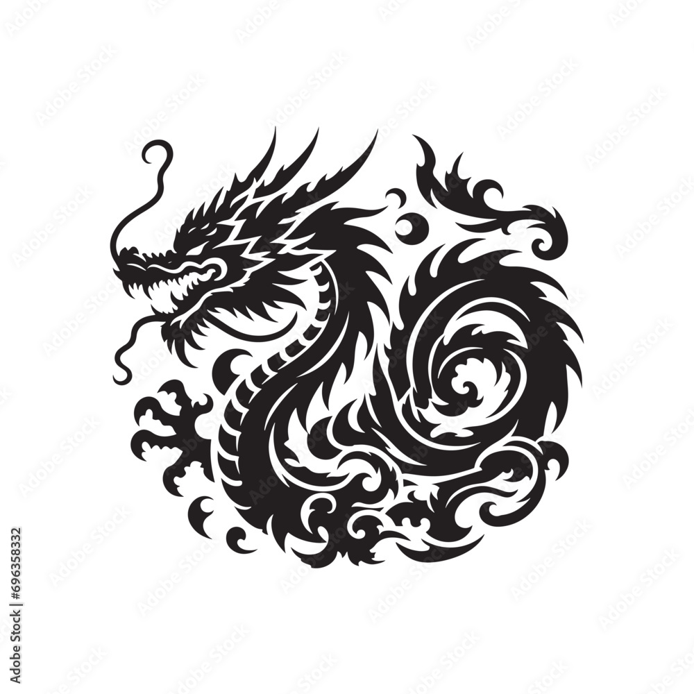 Dragon Silhouette - Intricate Serpentine Beast in Shadowy Elegance, Conveying the Enchantment of Fantasy Realms - Dragon black vector
