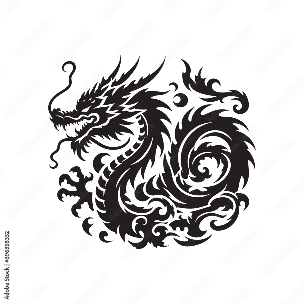 Dragon Silhouette - Intricate Serpentine Beast in Shadowy Elegance, Conveying the Enchantment of Fantasy Realms - Dragon black vector
Dragon Silhouette - Intricate Serpentine Beast in Shadowy Elegance, Conveying the Enchantment of Fantasy Realms - Dragon black vector