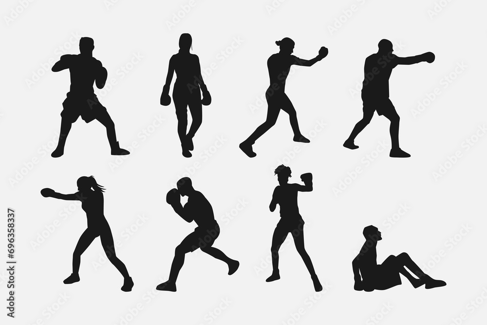 collection of silhouettes of boxers with different poses, gestures. isolated on white background. vector illustration. - obrazy, fototapety, plakaty 