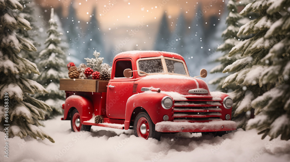 Christmas, decorated, red truck, car in a snowy, Christmas tree, New Year's forest in winter. - obrazy, fototapety, plakaty 