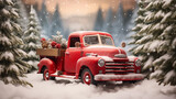 Christmas, decorated, red truck, car in a snowy, Christmas tree, New Year's forest in winter.