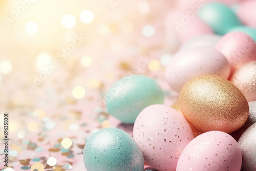 Enchanting Easter background with eggs, bokeh lights and copy space for text. Soft, pastel colors. Tranquil and joyful scene. Perfect for holiday-themed designs, greeting cards.