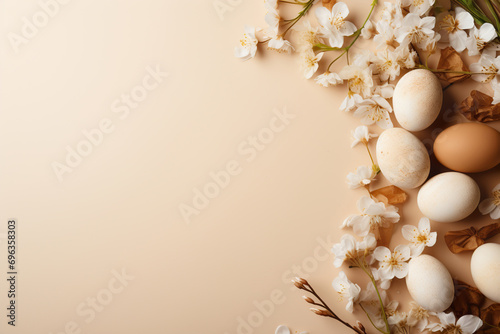 Natural Easter background with eggs, flowers and copy space for text. Soft, beige color. Perfect for spring themes, Easter content, and rustic or minimalist design projects.