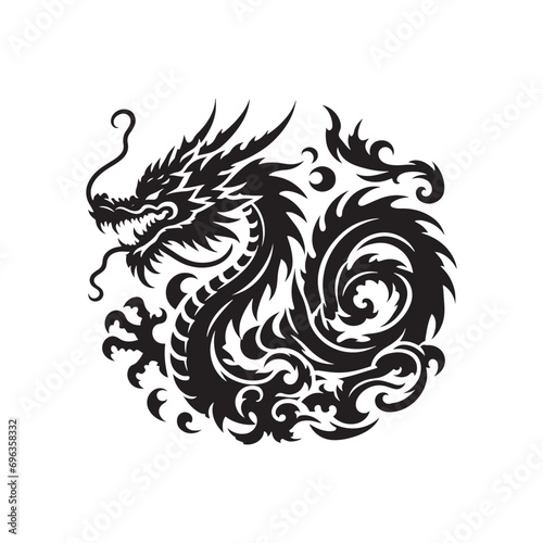 Dragon Silhouette - Intricate Serpentine Beast in Shadowy Elegance, Conveying the Enchantment of Fantasy Realms - Dragon black vector
