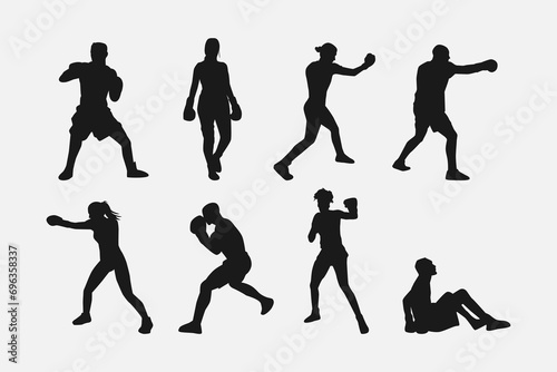 collection of silhouettes of boxers with different poses, gestures. isolated on white background. vector illustration.