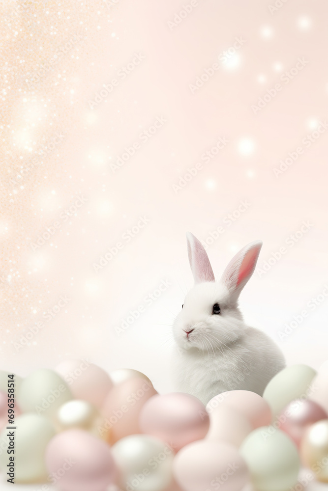 Beautiful Easter background with eggs, glitter, cute bunny and copy space for text. Soft, pastel colors. Tranquil and joyful scene. Perfect for holiday-themed designs, greeting cards. Beautiful Easter background with eggs, glitter, cute bunny and copy space for text. Soft, pastel colors. Tranquil and joyful scene. Perfect for holiday-themed designs, greeting cards.