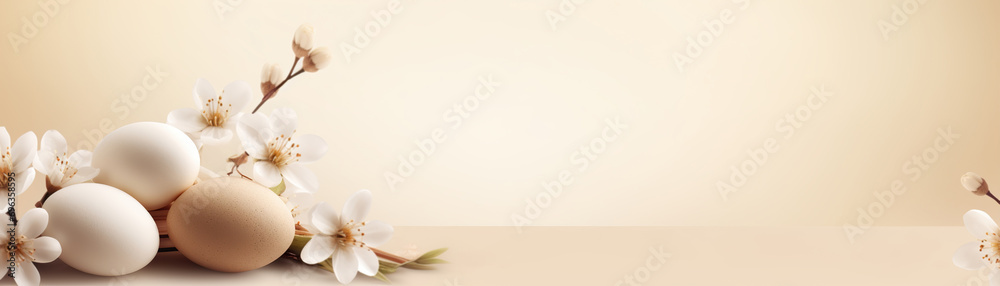 Natural Easter background with eggs, flowers and copy space. Soft, beige color. Perfect for spring themes, Easter content, and rustic or minimalist design projects. Panoramic banner.
