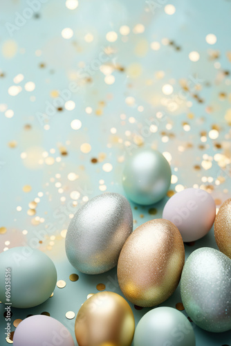 Enchanting Easter background with eggs  bokeh lights and copy space for text. Soft  pastel colors. Tranquil and joyful scene. Perfect for holiday-themed designs  greeting cards.