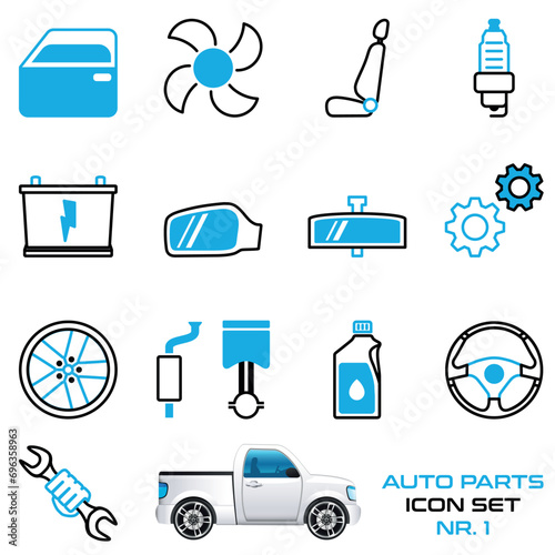 Autoteile, Autowerkstatt, Autoreparatur - Icon, Symbole Set