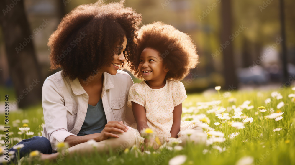 Fototapeta premium Joyful mother and daughter enjoying a sunny day outdoors, surrounded by daisies in a park.