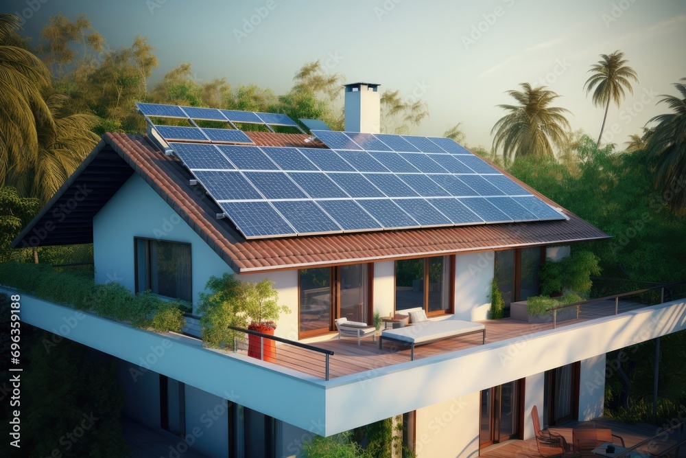 Solar panels, photovoltaics on the red roof of a house and a beautiful sky with the setting sun. Alternative electricity source. Concept of sustainable resources