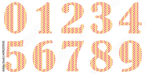Set of red and yellow numbers isolated on white. Alphabet with numbers. Vector graphic elements for design. Lines, wavy lines	 photo