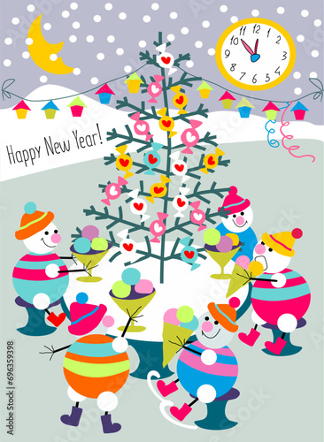 New Year card with funny snowmen