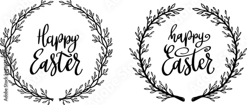 Happy Easter. Lettering phrase with wreath isolated on white background