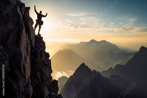 A climber stands triumphantly on a rugged peak with arms raised against a backdrop of layered mountains and a golden sunrise