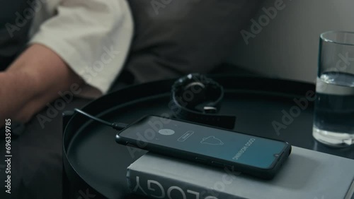 Side stab closeup of man waking up to alarm going off with inscription Good Morning on charging phone on nightstand in bedroom at home photo