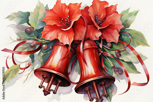 watercolor drawing illustration of christmas bells red bell poinsettia, poinsettia bow isolated illustration , in the style of lacquer painting, ritualistic masks, blink-and-you-miss-it detail, electr photo