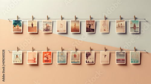 photo frames hanging on rope, empty Polaroid photos hanging
