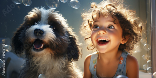 A little cheerful girl is playing and washing a shaggy cute puppy in a bright bathroom against a background of soap bubbles. The concept of pet care photo