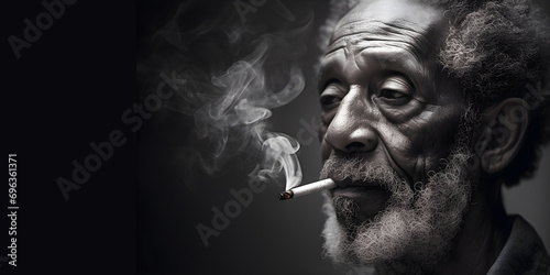Portrait of an old African man smoking a cigarette in a dark background, Black people, Black History Month