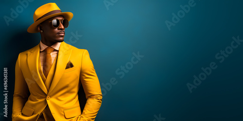Fashion shot of a handsome African American man model in yellow outfit, hat and sunglasses on isolated blue background, Black people