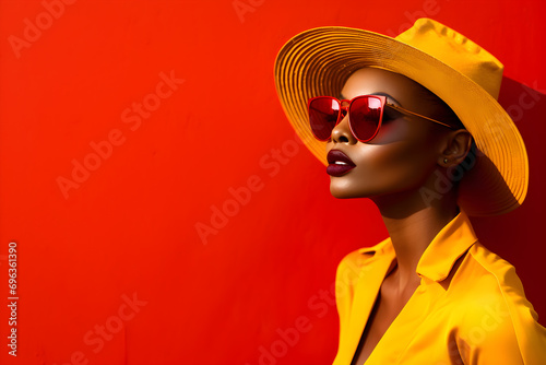Fashion shot of a beautiful African American woman model in yellow outfit, hat and sunglasses on isolated red background, Black people
