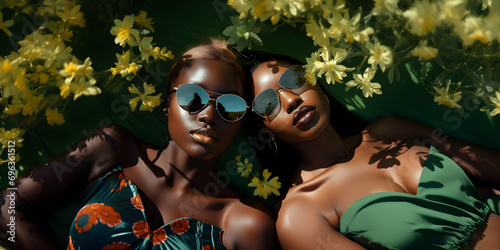 Fashion shot of two young African American women in swimsuits and sunglasses lying on green grass with yellow flowers, Black people