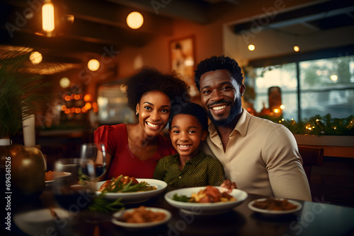 Portrait of happy African American family having dinner in restaurant, Love and warmth, Black people