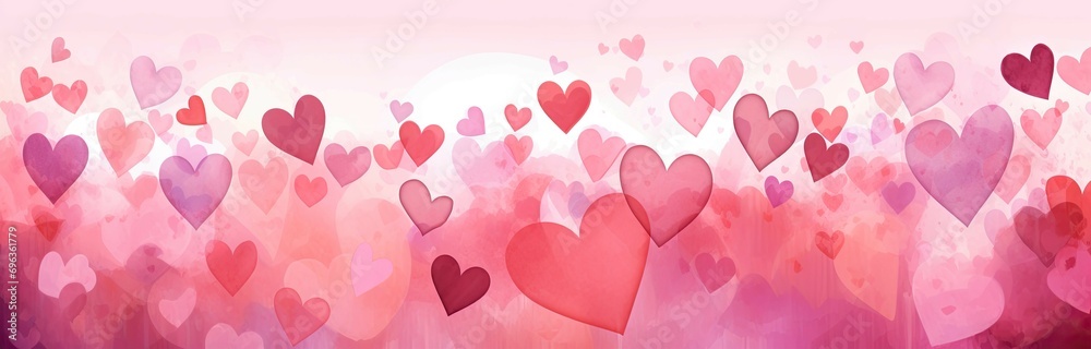 Valentine's Day Concept. Pink background with hearts, in the style of delicate watercolor