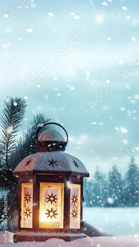  Instagram vertical video of glowing christmas candlelight lantern decoration on snowy bokeh winter street with snow flakes falling during winter time on christmas eve (contains AI generated images)