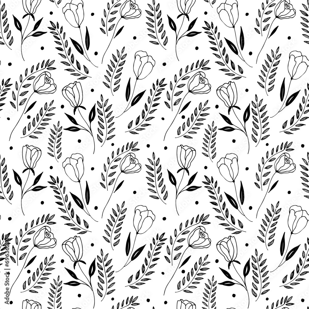 Fototapeta premium Flower roses pattern in abstract style. Vector ornament seamless pattern. Spring botanical print. Graphic hand drawn brush stroke botanical pattern. 