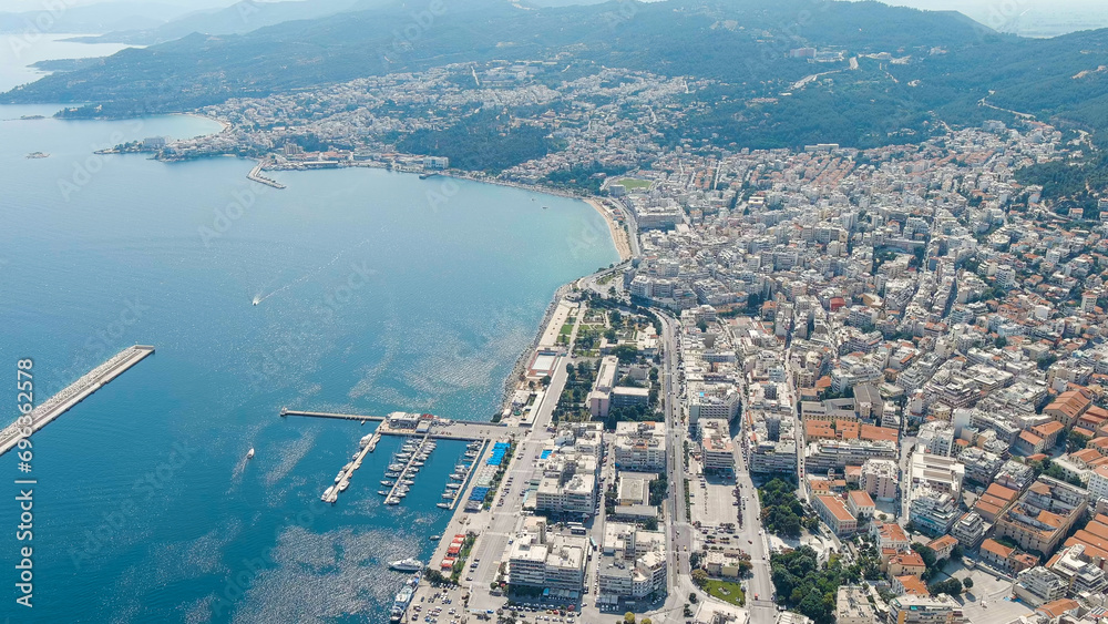 Kavala, Greece. Embankment and port. Historic city center. Aegean Sea. Summer, Aerial View