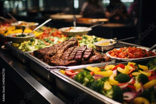 Buffet line in a restaurant with a variety of meats and colorful produce