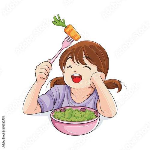 Healthy food. Cute little girl loves to eat vegetables. Vector illustration