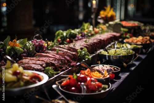 Catering buffet setup with a variety of meats and colorful vegetables