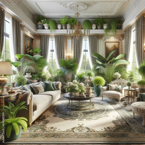 A beautiful living room  lavishly decorated with a variety of green plants in pots of different styles and sizes