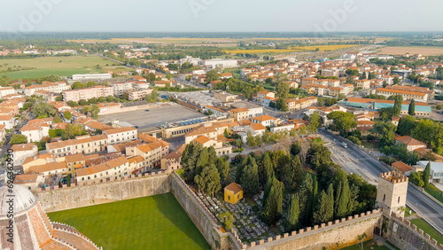 Pisa, Italy. The famous city with the leaning tower. Pisa Cathedral in Piazza dei Miracoli. Summer. Morning hours, Aerial View
