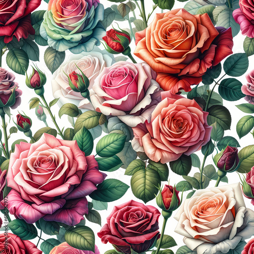 A watercolor painting of a seamless pattern of roses on a white background. The roses are depicted in a range of colors, from deep reds to soft pinks