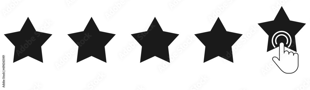 Five stars with clicking hand. Customer feedback 5 stars scale. Rating sign. Five stars with clicking hand. Customer feedback 5 stars scale. Rating sign.