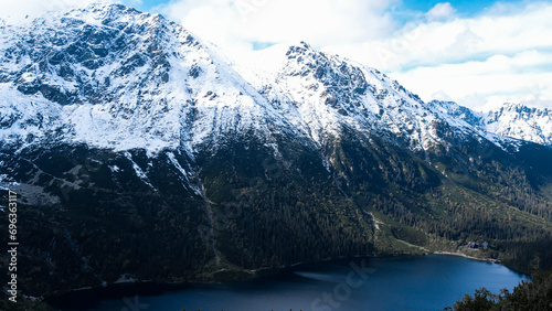 Czarny Staw pod Rysamy or Black Pond lake near the Morskie Oko Snowy Mountain Hut in Polish Tatry mountains, drone view, Zakopane, Poland. Aerial view shot of beautiful green hills and mountains in