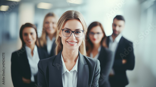 Successful businesswoman standing in creative office and looking at camera. Woman entrepreneur in a coworking space smiling. Portrait of beautiful business woman standing in front of business team