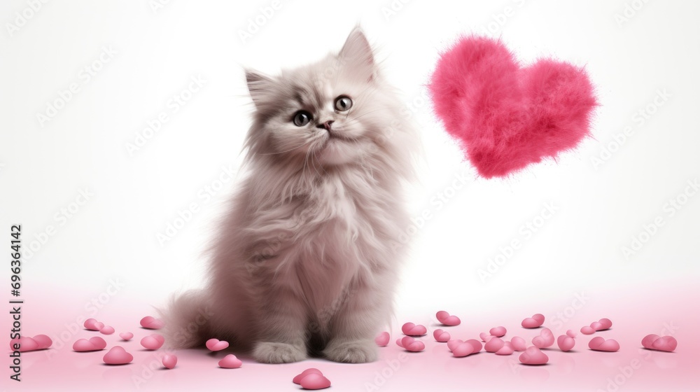 A fluffy white cat sitting in front of a pink heart. Valentines day background with copy-space. A fluffy white cat sitting in front of a pink heart. Valentines day background with copy-space.