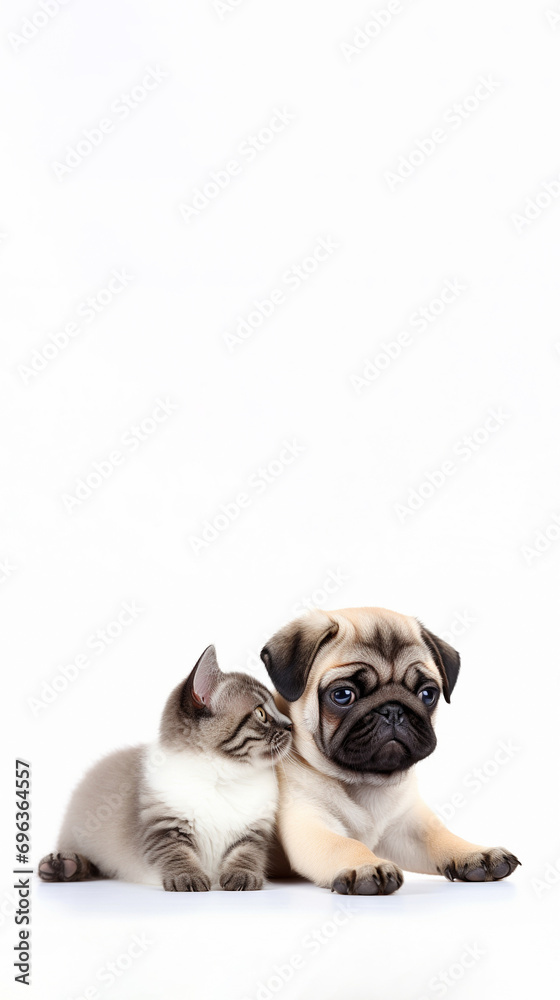 A cute grey fluffy kitten kisses an adorable pug puppy on a white isolated background. Pets are sitting on the floor together. Friendship concept, banner, empty space for text