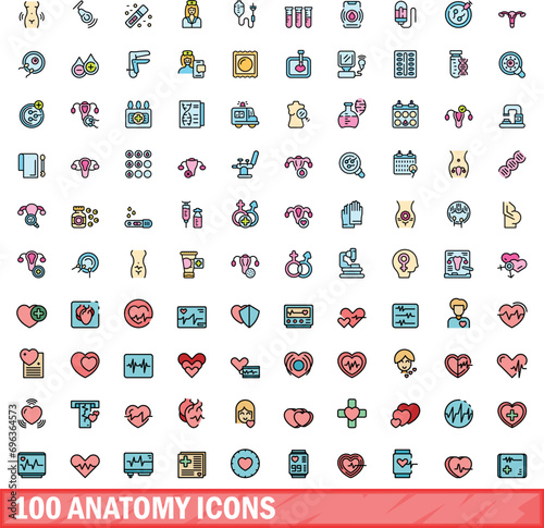 100 anatomy icons set. Color line set of anatomy vector icons thin line color flat on white photo