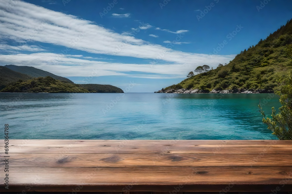 Wooden Table by the Sea, Island, and Blue Sky