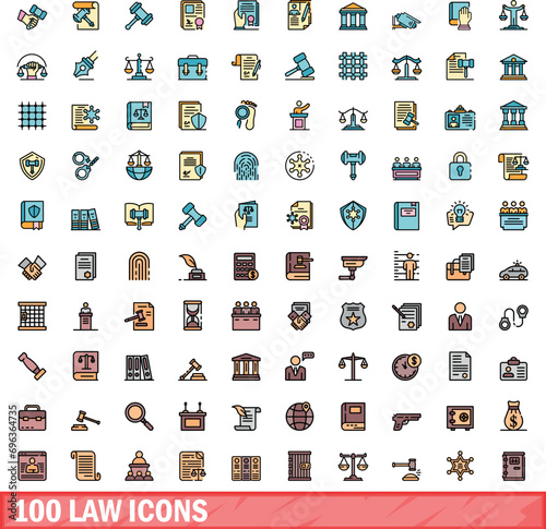 100 law icons set. Color line set of law vector icons thin line color flat on white